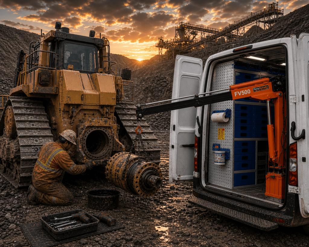 Pro Cargo mobile service vehicles with Syncro System van storage and Penny Hydraulics lifting equipment for heavy equipment field repair workflow..