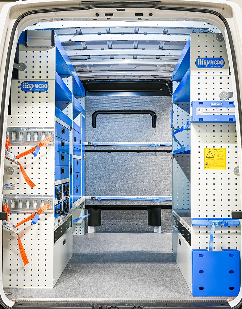 Rear view of Mercedes-Benz Sprinter 144-inch low-roof electrician van shelving with dual-side storage and clear aisle