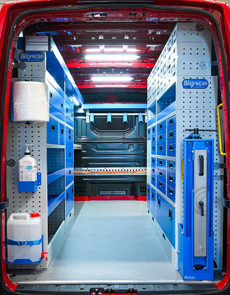 Rear view of Mercedes-Benz Sprinter 170-inch high-roof mobile mechanic van shelving with dual-side tool storage