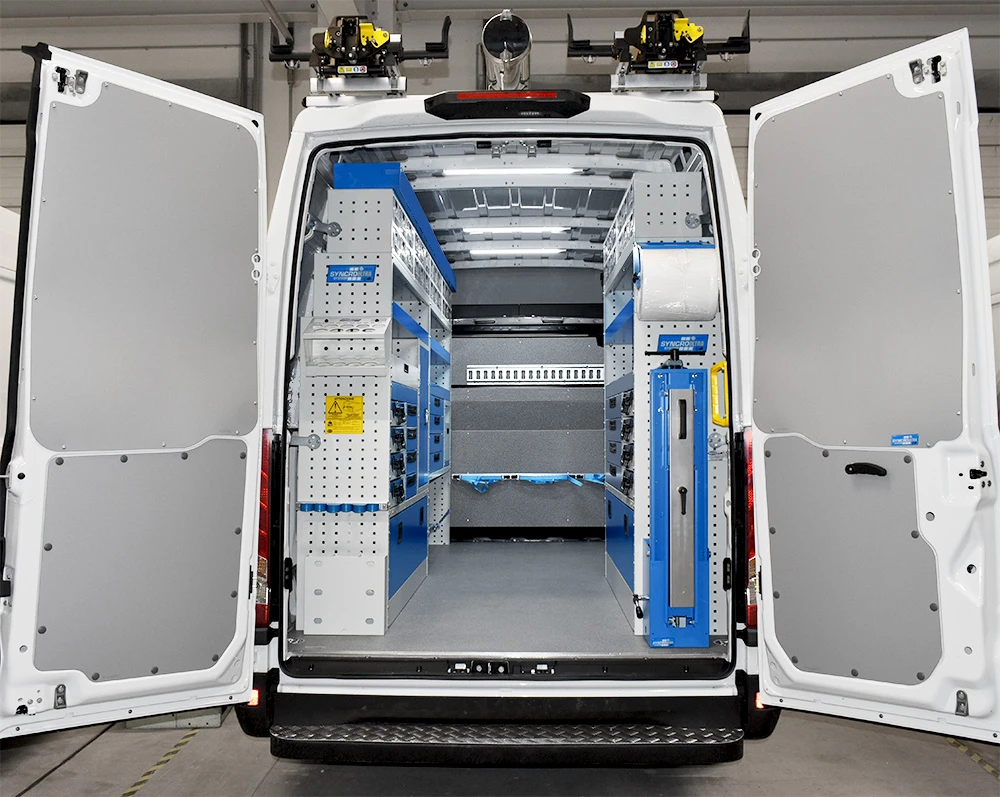 Rear view of Mercedes-Benz Sprinter 144-inch high-roof electrician van shelving package with dual-side storage