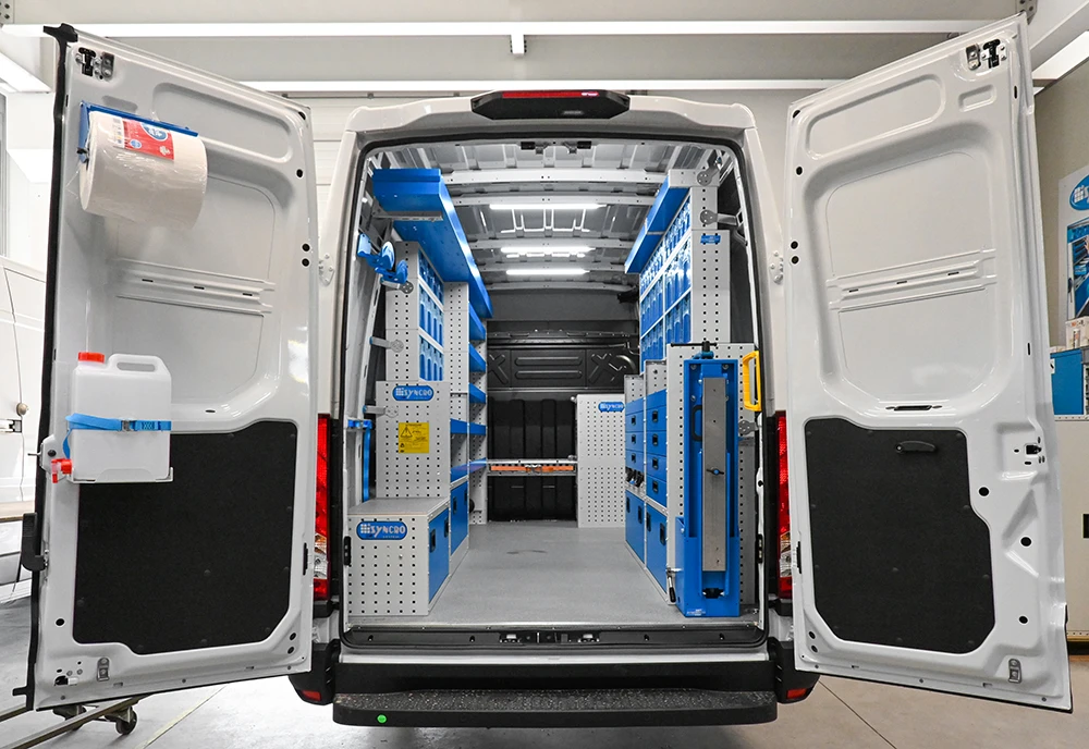 Rear view of Mercedes-Benz Sprinter 170-inch high-roof electrician van shelving package with dual-side storage