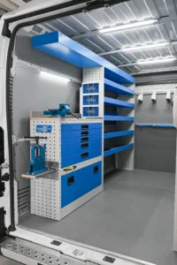 RAM ProMaster 159 high-roof plumber van shelving with drawers, open shelves, vise, and lower cabinet