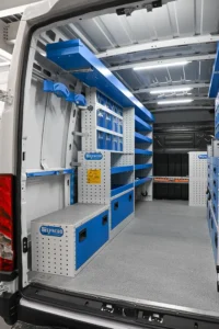 Mercedes-Benz Sprinter 170 high-roof electrician van shelving with open shelves, parts bins, and lower cabinets
