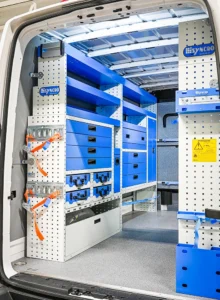 Mercedes-Benz Sprinter 144 low-roof electrician van shelving with drawers, open shelves, and equipment restraints