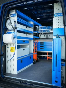 Mercedes-Benz Sprinter 144 high-roof mobile mechanic van shelving with hose reel, drawers, shelves, and supply holders
