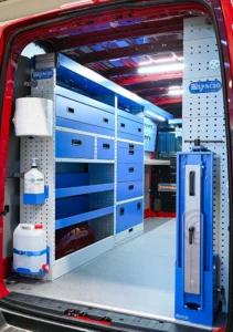 Mercedes-Benz Sprinter 170 high-roof mobile mechanic van shelving with drawers, open shelves, and container holders