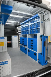 Mercedes-Benz Sprinter 170 high-roof electrician van shelving with parts bins, drawers, and lower cabinets