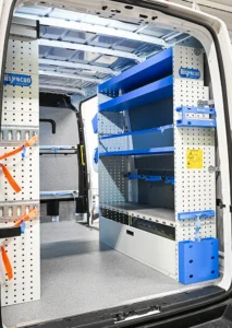 Mercedes-Benz Sprinter 144 low-roof electrician van shelving with long open shelves and lower storage
