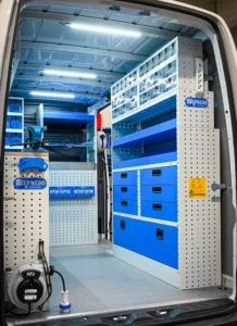 Mercedes-Benz Sprinter 144 mechanic van shelving with small-parts bins, open shelves, drawers, and lower cabinets