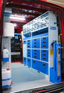 Mercedes-Benz Sprinter mobile mechanic van shelving with small-parts bins, tool drawers, cabinets, and vertical storage