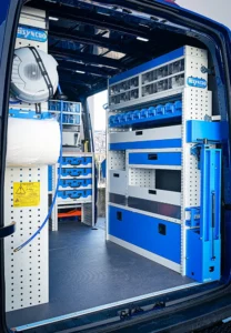 Mercedes-Benz Sprinter mobile mechanic van shelving with clear parts bins, open shelves, drawers, and lower cabinets