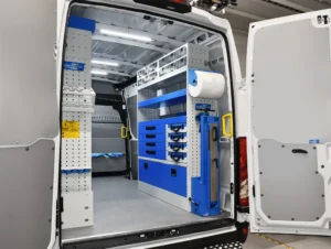 Mercedes-Benz Sprinter 144 high-roof electrician van shelving with drawers, accessory holders, and rear-access storage