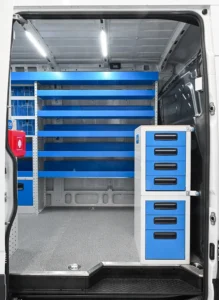 Side-door view of Mercedes-Benz Sprinter electrician van shelving with open shelves and stacked drawer units