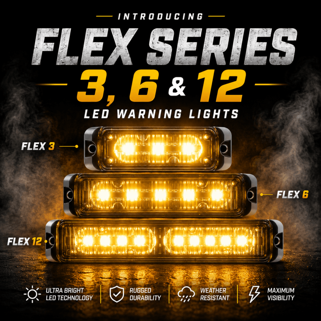 Abrams MFG Flex Series 3, 6, and 12 LED warning lights with amber high-visibility lighting for work trucks, service vehicles, fleets, and job-site applications.