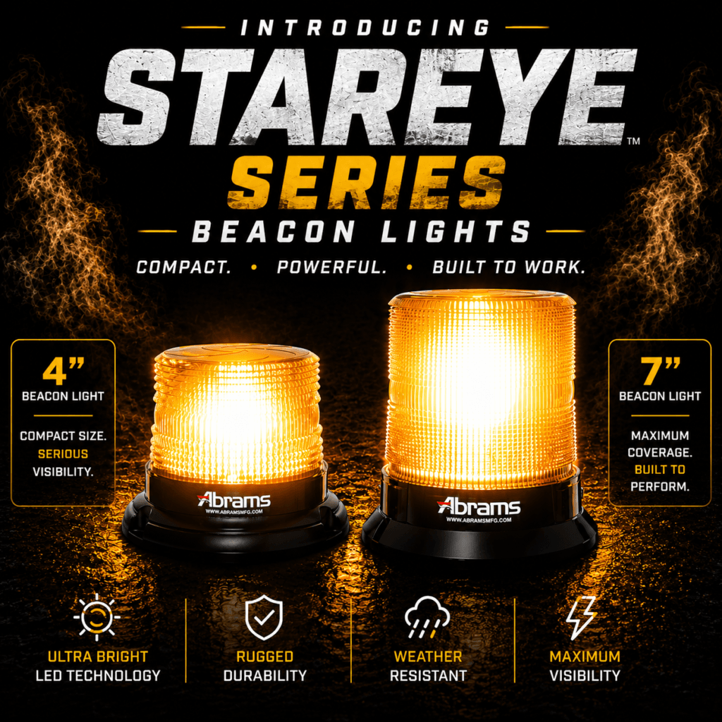 Abrams MFG StarEye Series 4-inch and 7-inch amber LED beacon lights for work trucks, service vehicles, fleets, municipalities, and road-service applications.