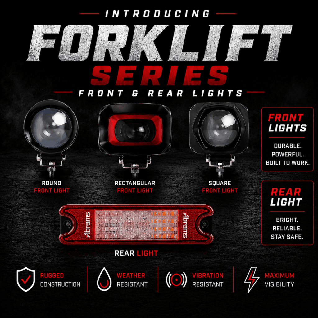 Abrams MFG Forklift Series front and rear lights with round, rectangular, and square front lights plus rear tail light for forklift visibility and job-site applications.