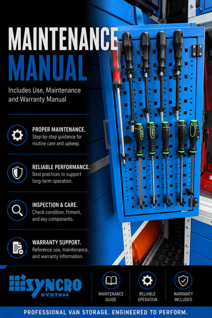 Syncro System maintenance manual cover for product use, maintenance guidance, warranty information, and care instructions for van storage equipment.