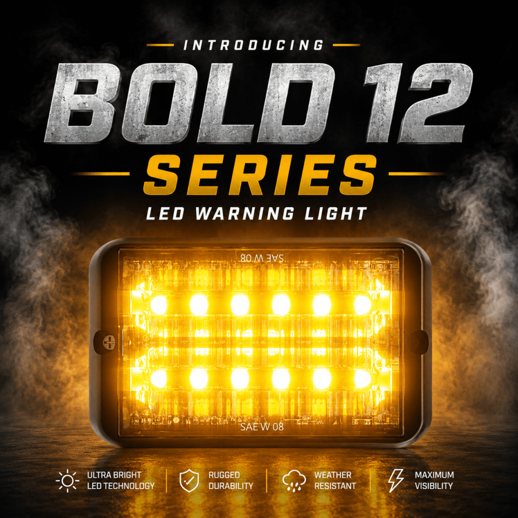 Abrams MFG Bold 12 Series LED warning light with bright amber visibility for work trucks, service vehicles, fleets, and job-site applications.