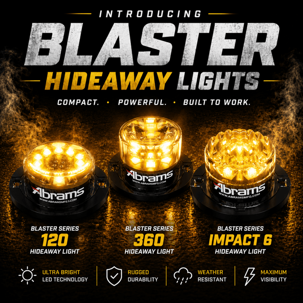 Abrams MFG Blaster Series 120, Blaster Series 360, and Blaster Series Impact 6 hideaway lights with compact amber LED warning visibility for work trucks, fleets, service vehicles, and job-site applications.