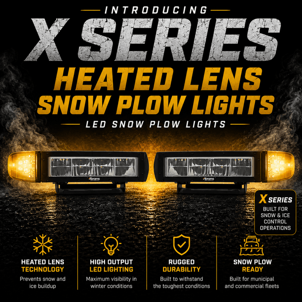 Abrams X Series heated lens snow plow lights for municipal fleets, commercial snow removal trucks and winter maintenance vehicles