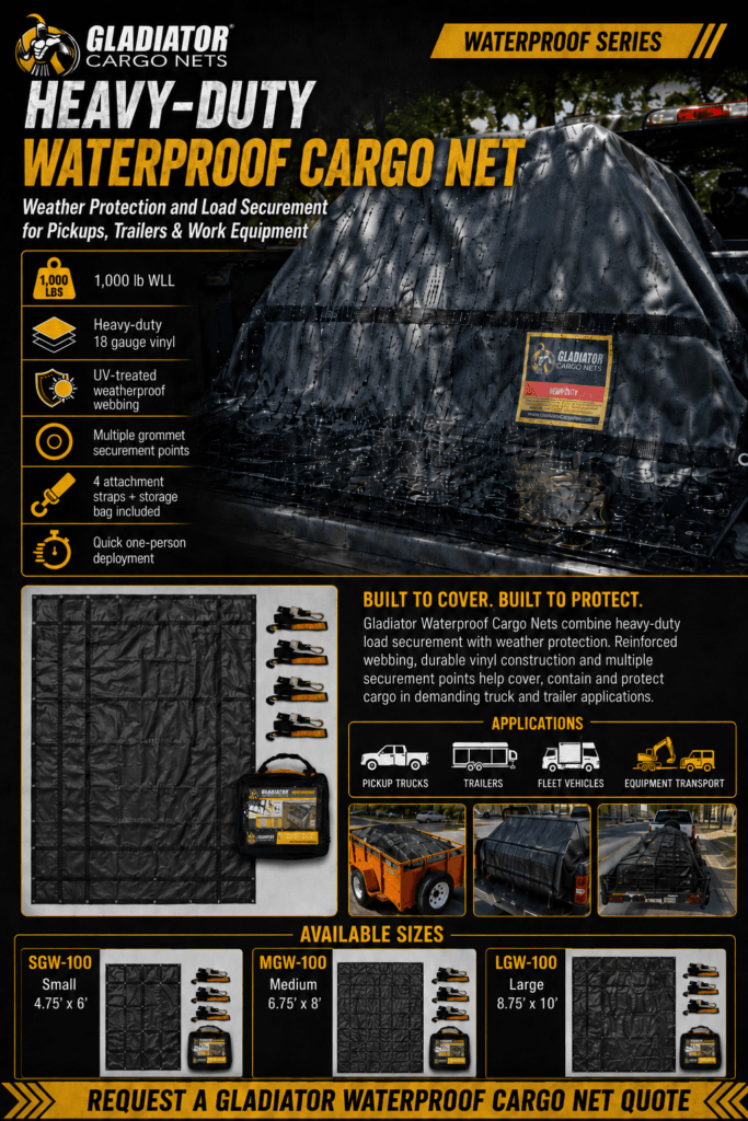 Heavy-duty waterproof Gladiator cargo net brochure for pickup trucks, trailers and work equipment load securement