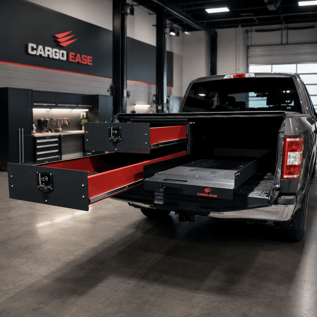 Cargo Ease truck bed slide and cargo locker system installed in a pickup truck for commercial vehicle cargo access and work truck storage