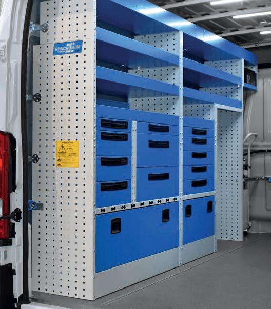 Syncro van shelving and drawers with dedicated space for specialty equipment inside a service van