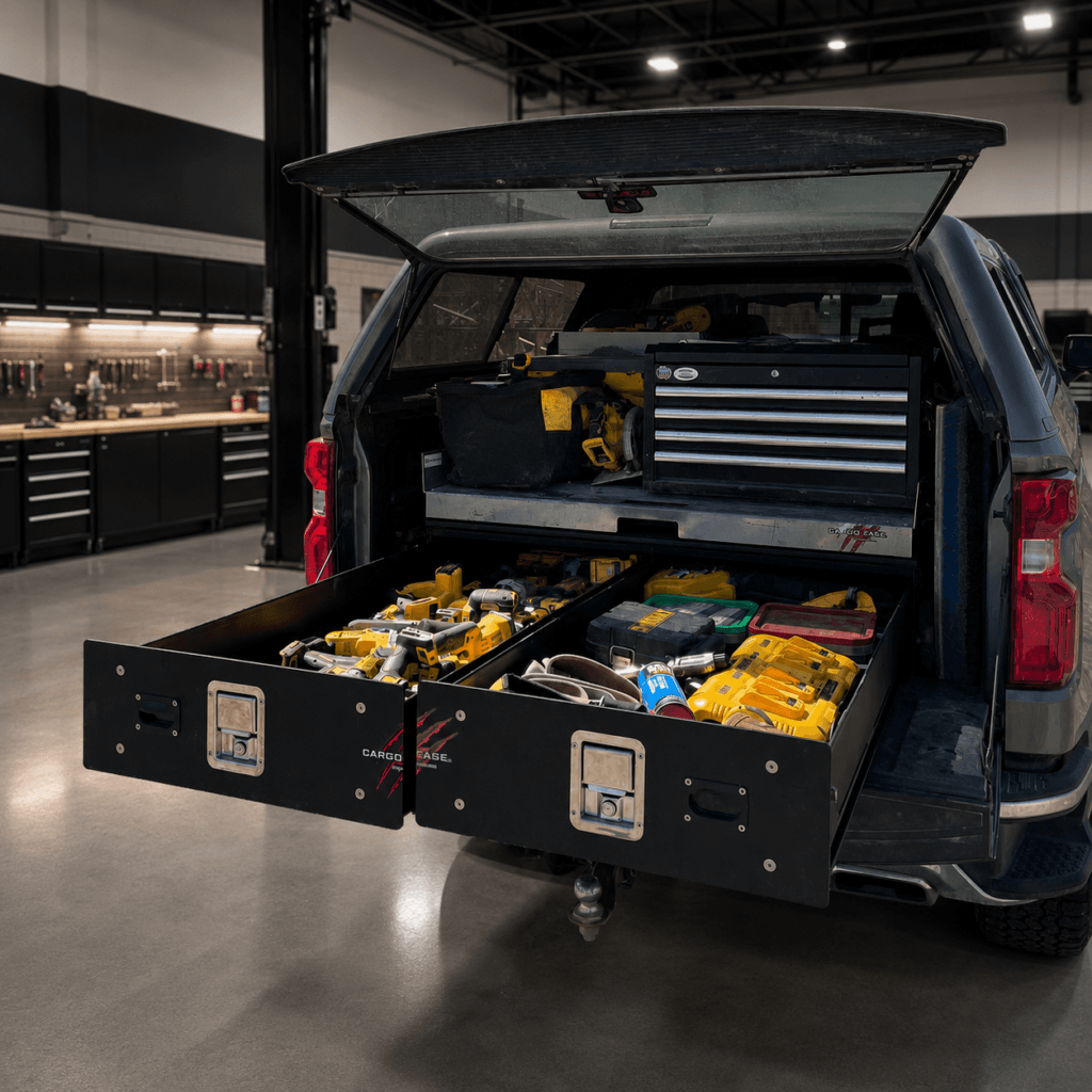 Cargo Ease workflow examples showing truck bed slide and cargo locker storage system in a pickup truck for tool organization and commercial work truck cargo access