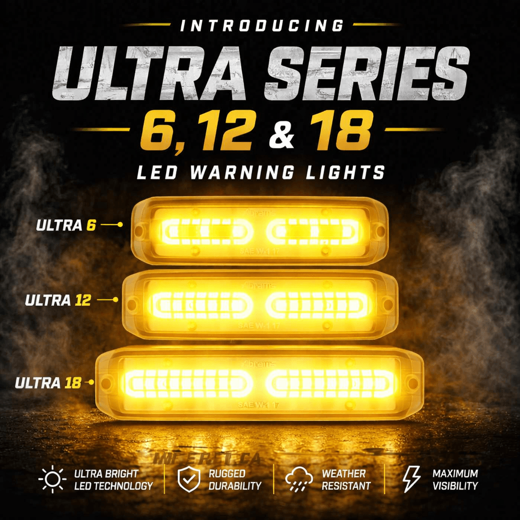 Abrams MFG Ultra Series 6, 12, and 18 LED warning lights with amber high-visibility lighting for work trucks, service vehicles, fleets, and job-site applications.