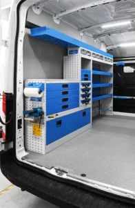 Ford Transit 148-inch high-roof electrician van shelving with drawers, open shelves, and parts storage
