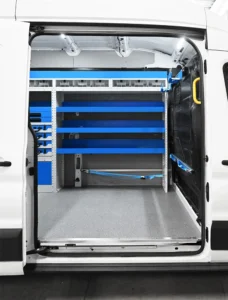 Ford Transit high-roof electrician van shelving layout with front storage shelves and rear-door access
