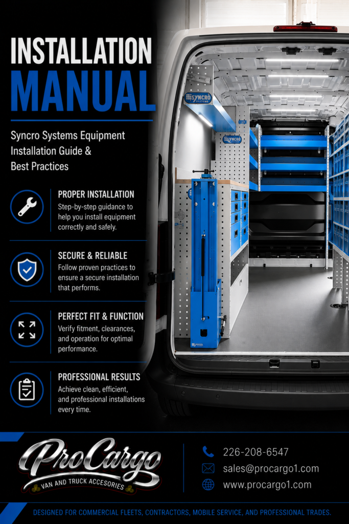 Syncro System installation manual cover for van storage equipment, installation guidance, fitment checks, and best practices.