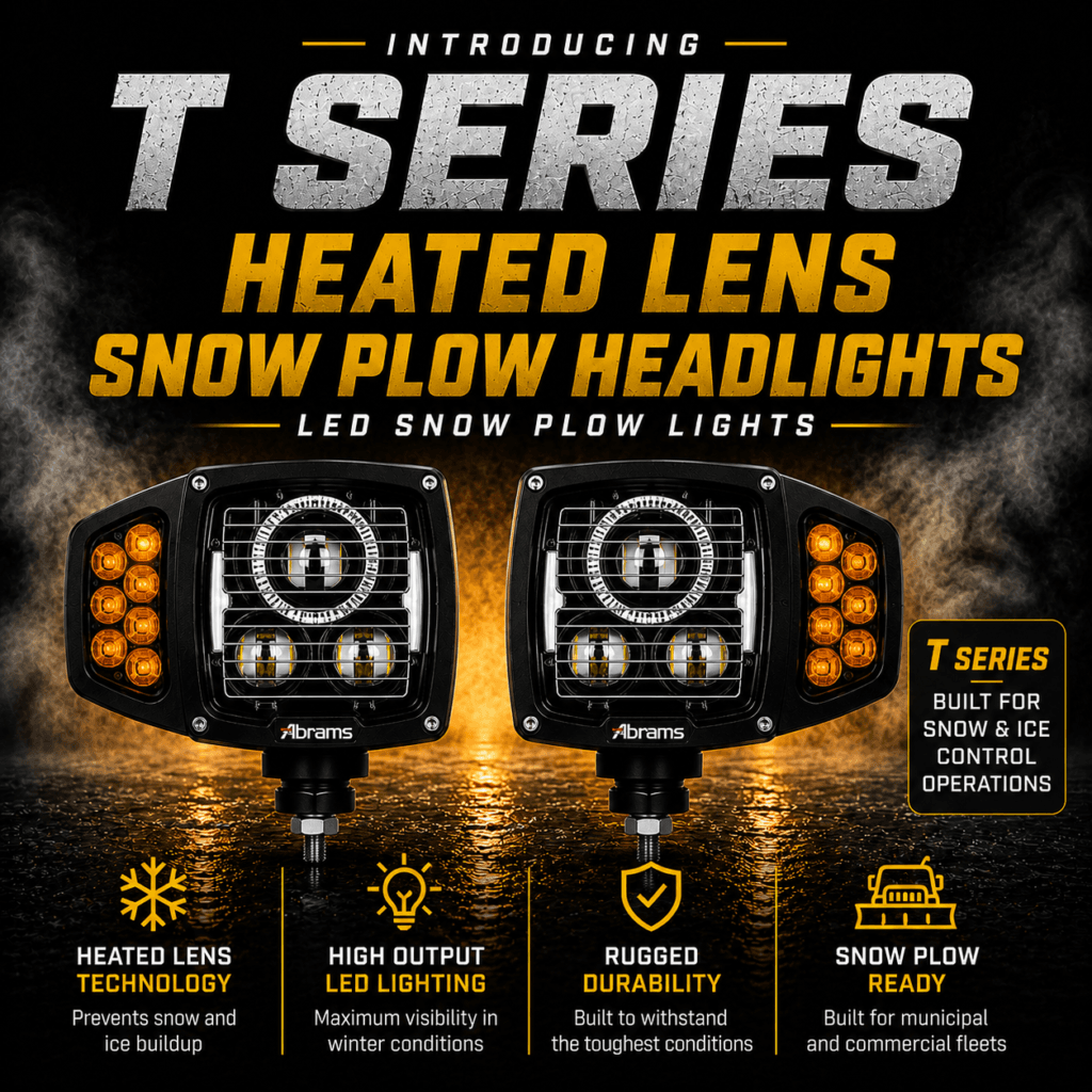 Abrams T Series heated lens snow plow headlights with integrated warning lights for snow removal trucks, municipal fleets and winter maintenance vehicles