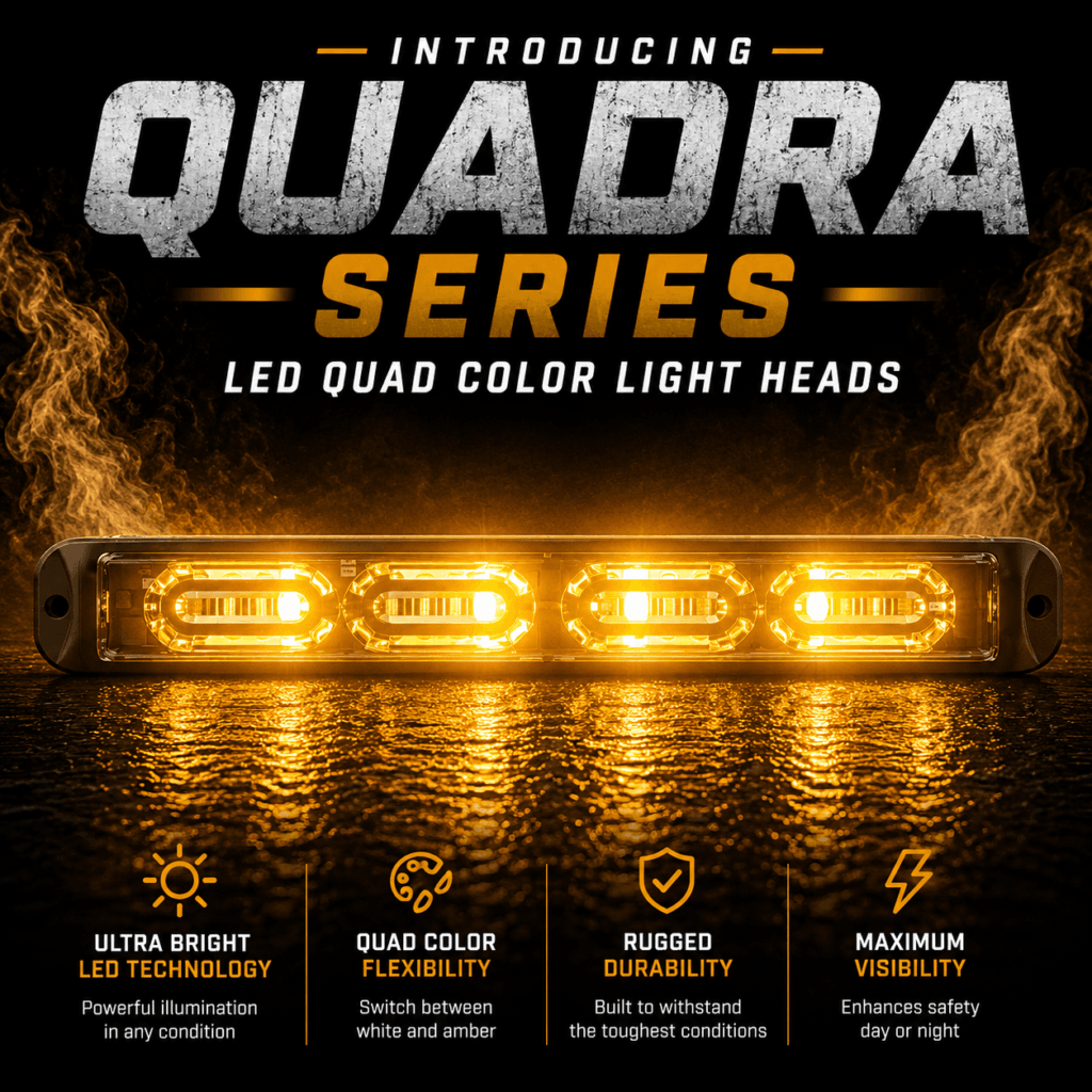 Abrams MFG Quadra Series LED quad color light heads with selectable flash patterns for vehicle lighting, warning visibility, and fleet applications.
