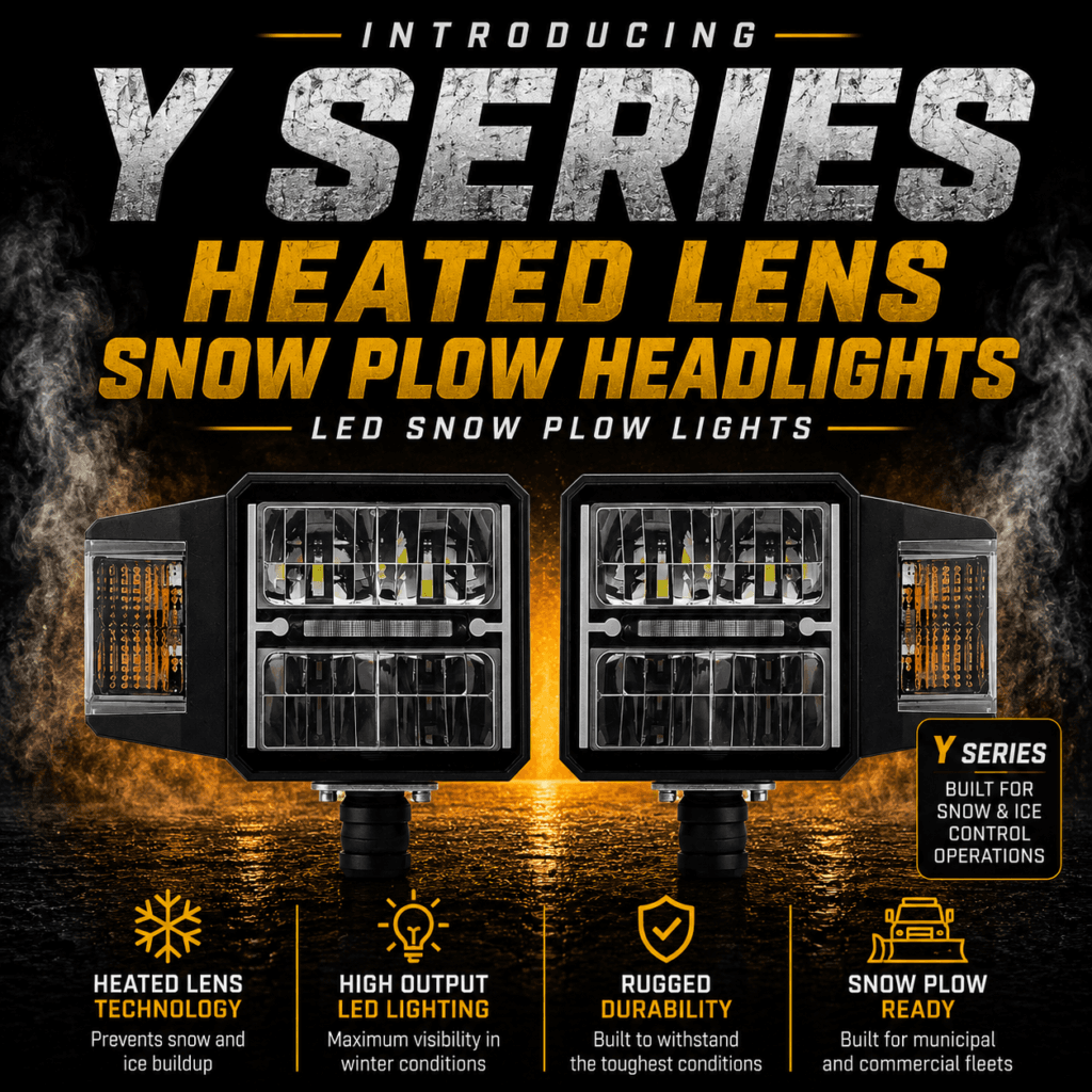 Abrams Y Series heated lens snow plow headlights for municipal fleets, commercial snow removal trucks and winter maintenance vehicles
