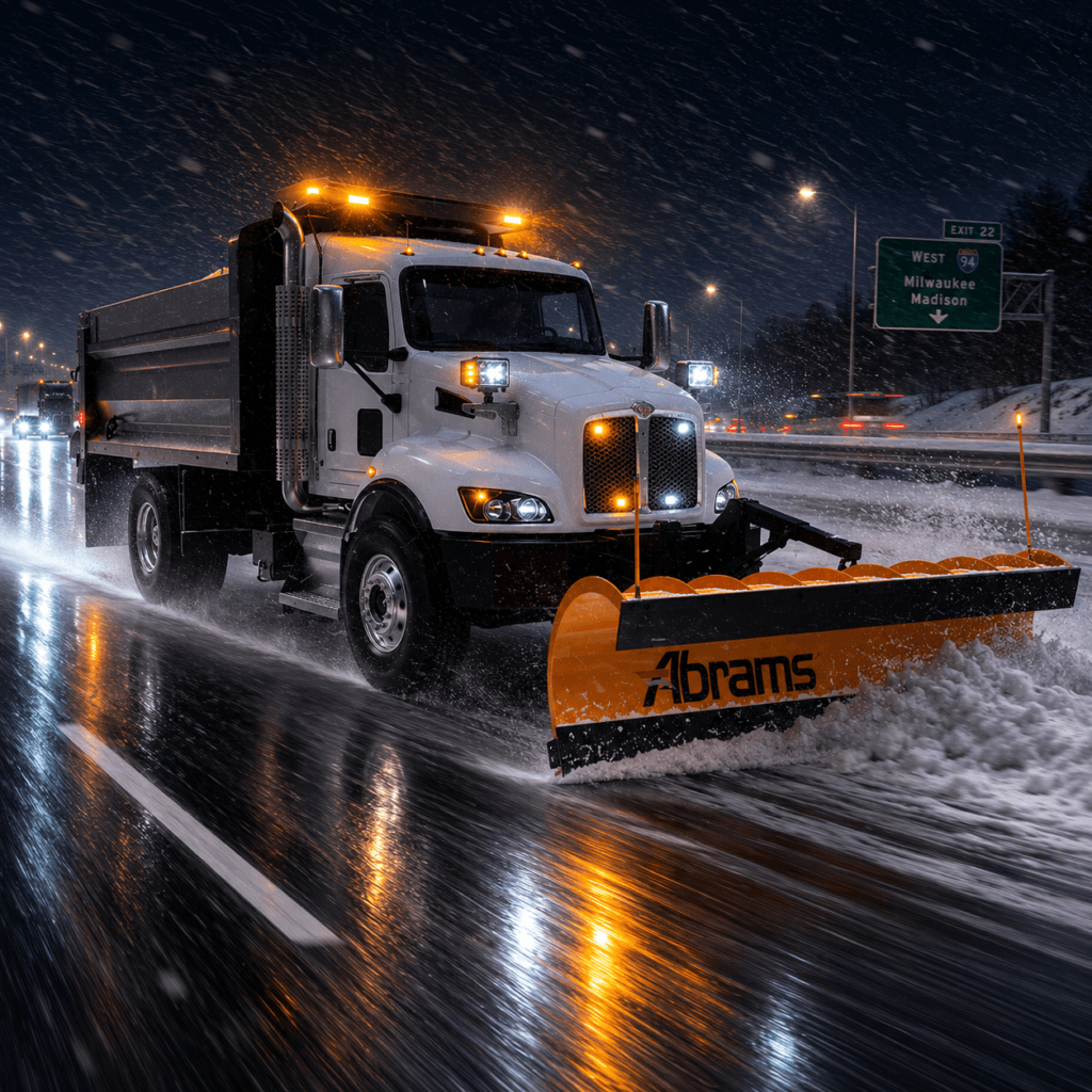 Abrams MFG vehicle lighting equipment on a snowplow truck with amber warning lights, work lights, and road-service visibility in winter conditions.