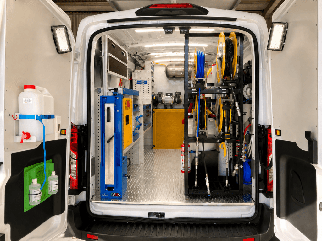 MecLube fluid handling equipment and hose reels installed inside a mobile service van