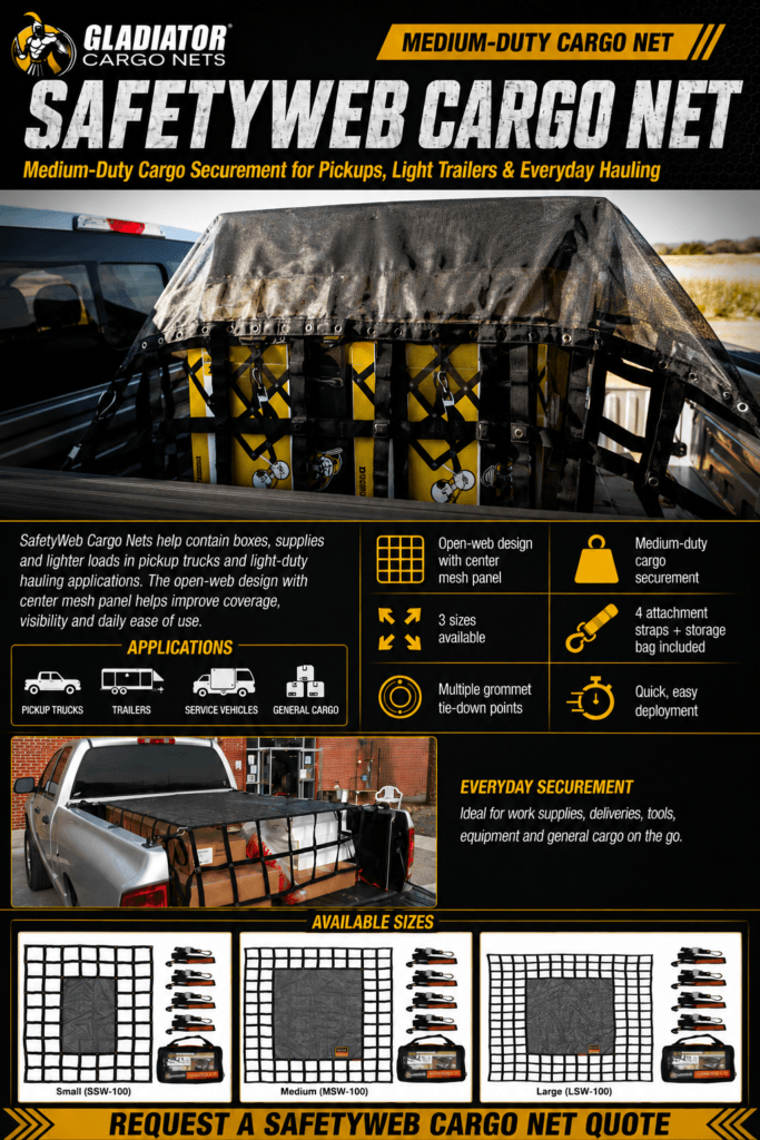 SafetyWeb Cargo Net brochure showing medium-duty truck cargo net, 750 lb. WLL, mesh tarp center, cargo net perimeter and pickup truck load securement