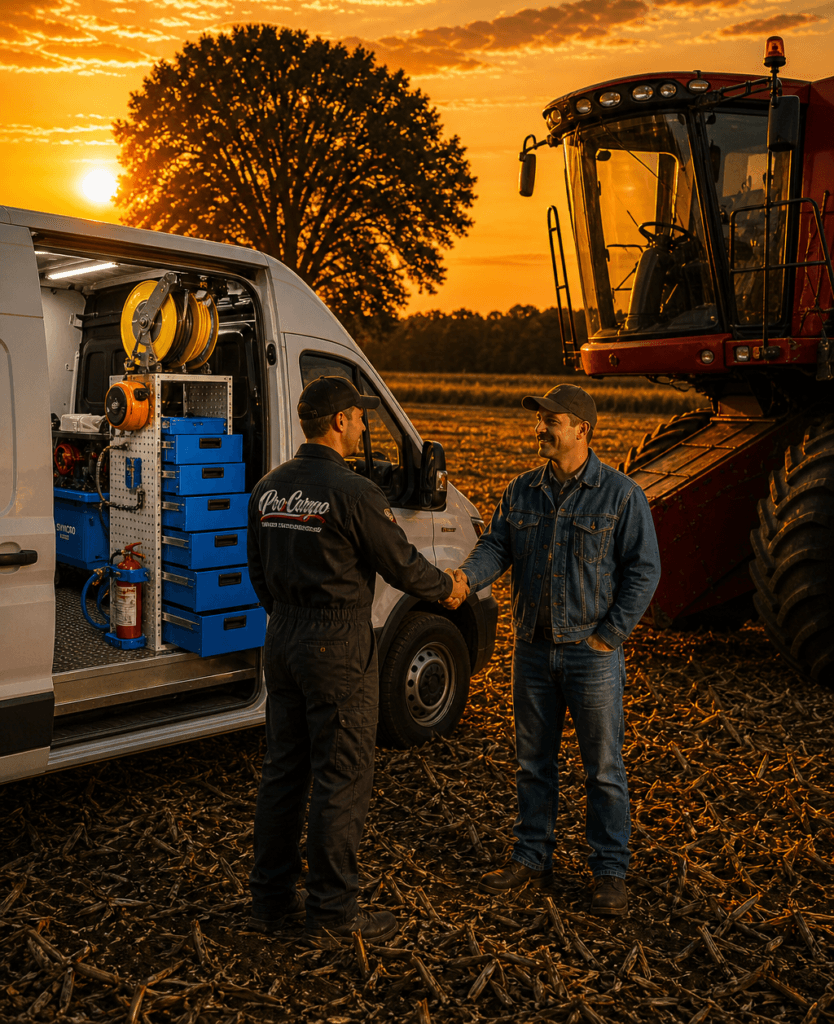 Pro Cargo representative discussing commercial vehicle equipment and mobile service workflow with an agriculture customer