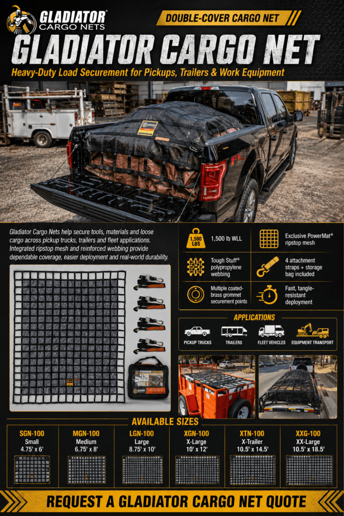 Gladiator cargo net brochure showing heavy-duty truck cargo net, load securement features, available sizes and applications for pickup trucks, trailers and fleet vehicles
