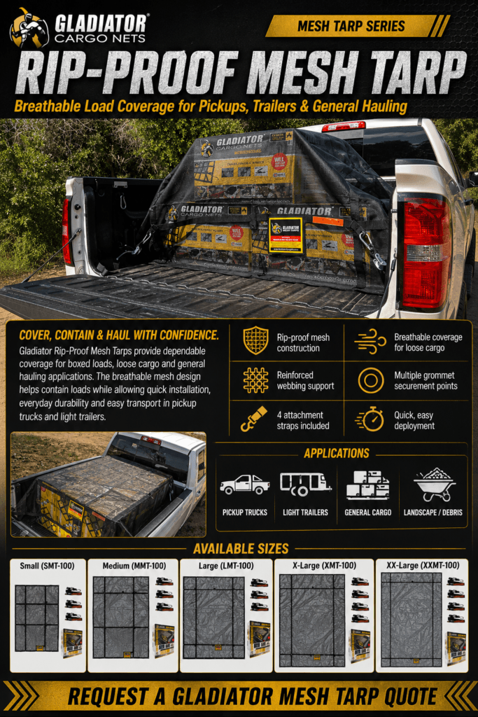 Gladiator Rip-Proof Mesh Tarp brochure showing 600 lb. WLL mesh cargo tarp for pickup trucks, trailers, general cargo and light-duty load coverage