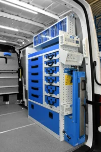 Mercedes-Benz Sprinter 170 plumber van shelving with drawers, removable cases, parts bins, and equipment storage