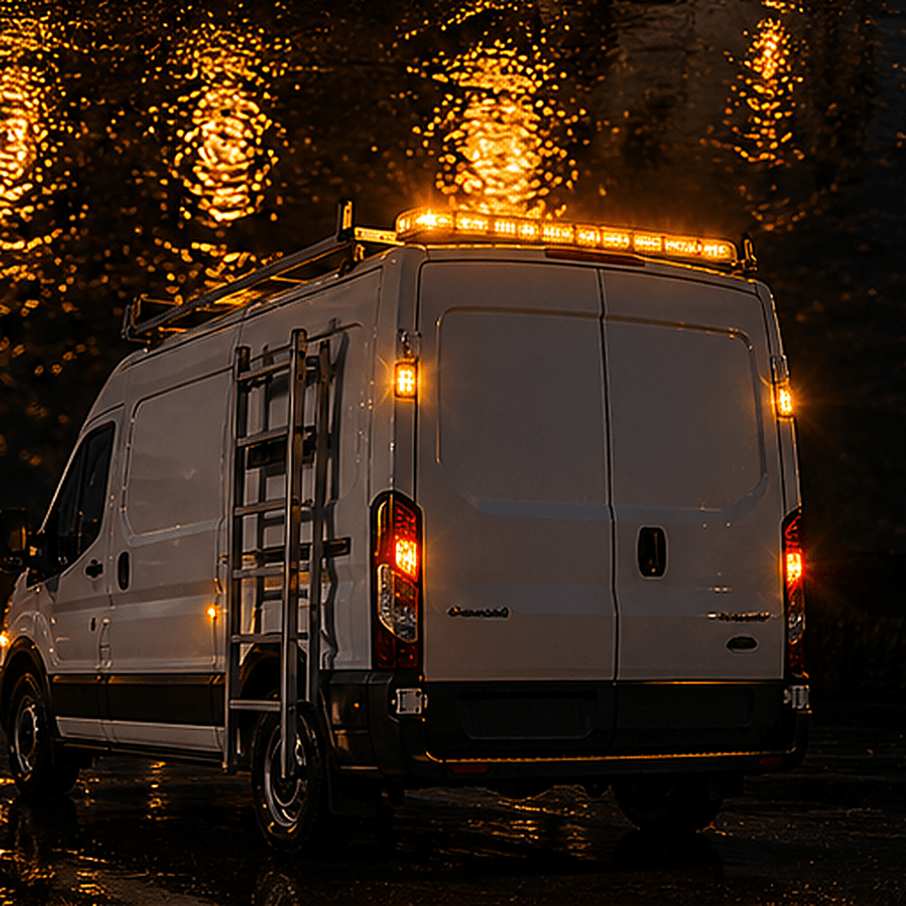 Pro Cargo lighting and electrical support systems image showing amber warning lights, work lighting, and service van visibility for field-service operations.
