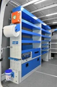 Mercedes-Benz Sprinter 170 high-roof plumber van shelving with open shelves, drawers, and rear-door accessories