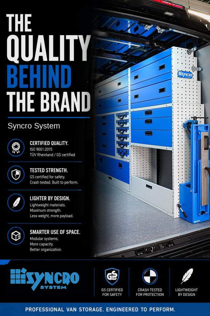 Syncro System Quality Behind the Brand guide highlighting certified quality, tested strength, lightweight design, and smarter van storage organization.
