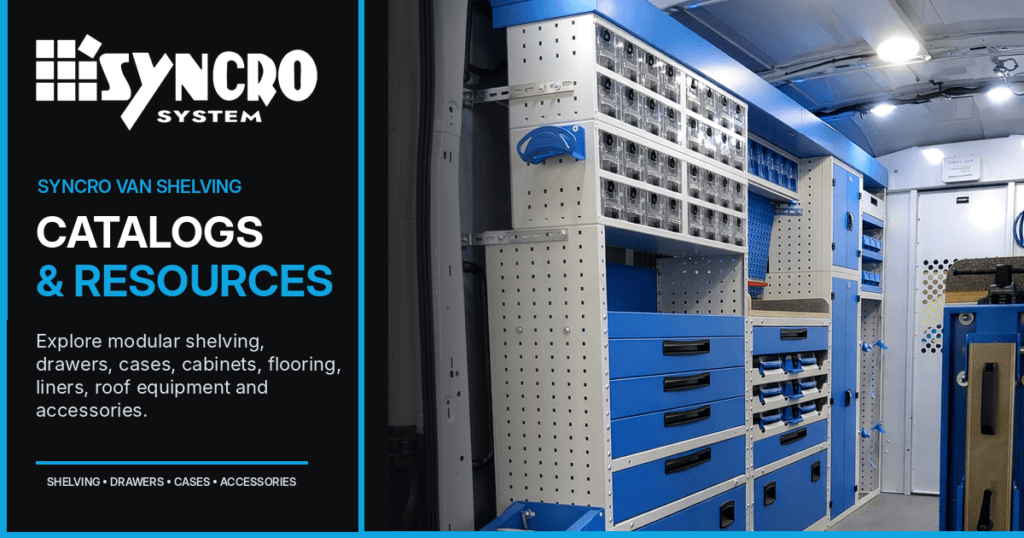 Syncro van shelving catalogs and resources for modular shelves, drawers, cases, cabinets, flooring, and accessories