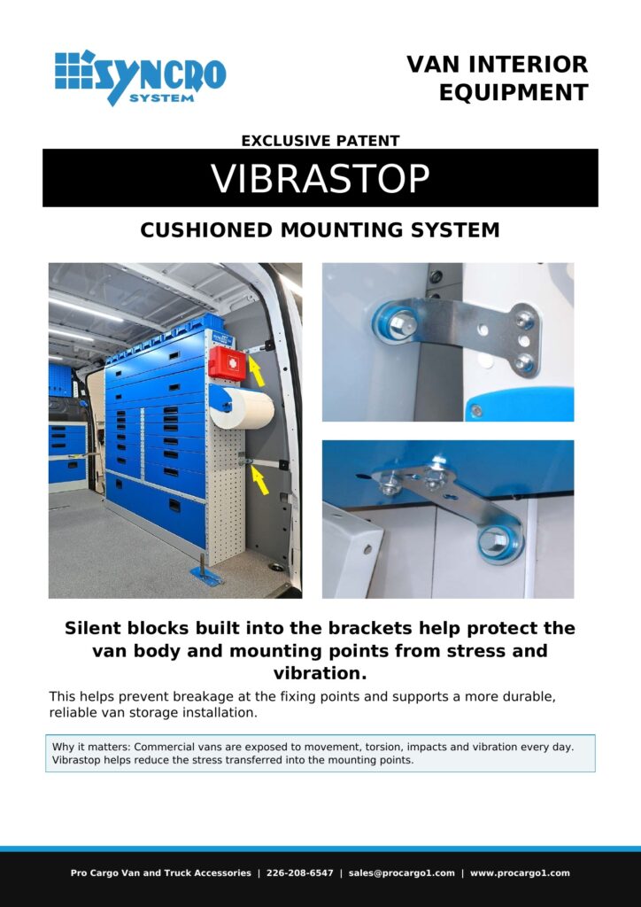 Syncro System Vibrastop flyer cover for cushioned mounting brackets, silent blocks, and vibration protection for van storage equipment.