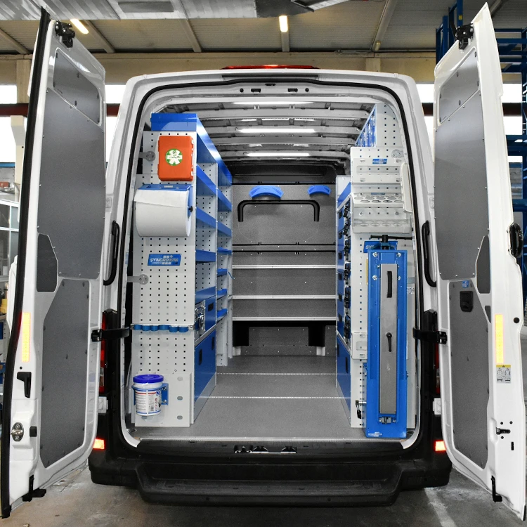 Rear view of Mercedes-Benz Sprinter 170-inch high-roof plumber van shelving with dual-side storage and clear aisle